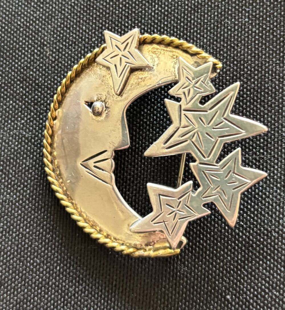 Vintage Sterling Silver Handmade Mexico 2 Tone Crescent Moon Brooch 17g TG-159